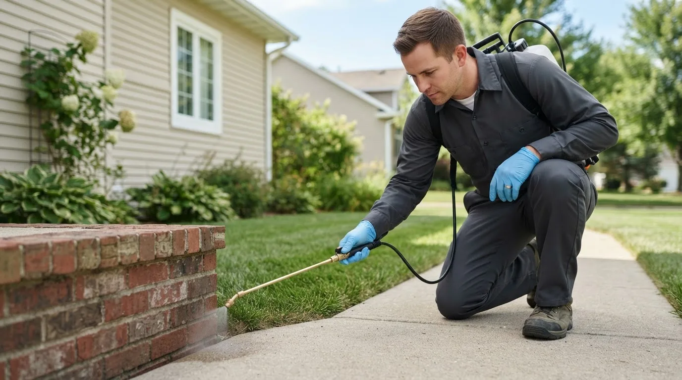 Pest control technician treating a home near Fedora, SD
