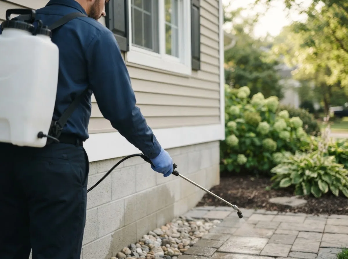 Pest control technician inspecting a home in Fedora, SD